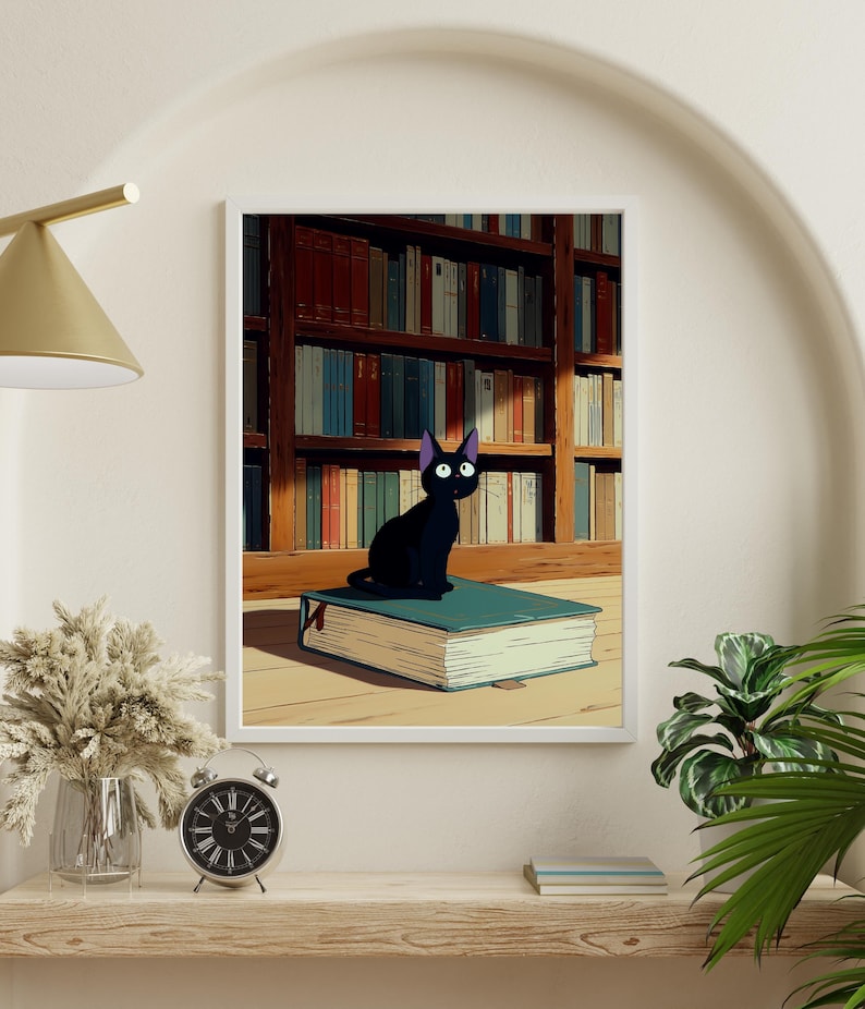 Jiji Library Book Poster – Ghibli Inspired Black Cat Bookshelf Art, Cozy Wall Decor image 6