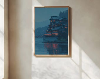 Japanese Bathhouse Night – Ghibli Inspired Anime Poster | Mystical Landscape Digital Art