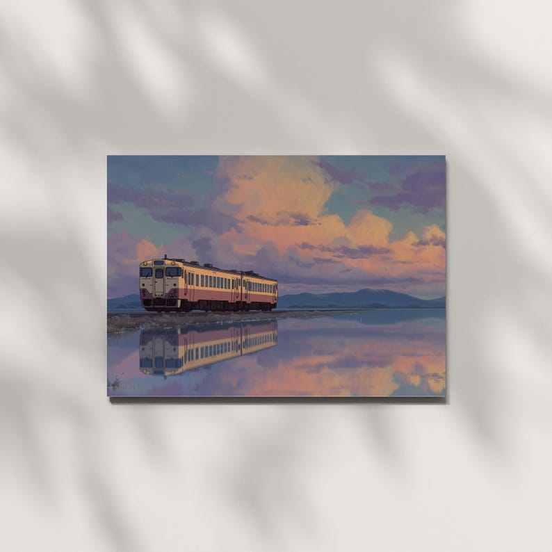 May include: A painting of a train traveling across a body of water, reflecting the sky and clouds. The train is cream and red, set against a backdrop of a colorful sunset. The water mirrors the sky, creating a symmetrical effect.