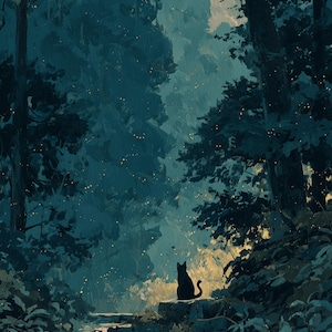 May include: A painting depicting a forest scene with a black cat silhouette. The artwork uses a dark blue and green colour palette, with a path leading into a light-filled background. The style evokes a fairytale, with a sense of mystery and wonder.