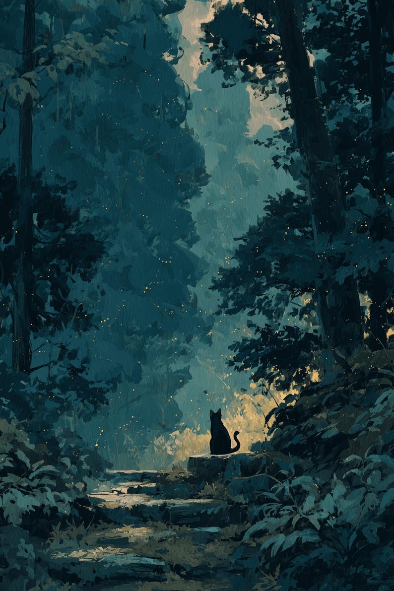May include: A painting depicting a forest scene with a black cat silhouette. The artwork uses a dark blue and green colour palette, with a path leading into a light-filled background. The style evokes a fairytale, with a sense of mystery and wonder.
