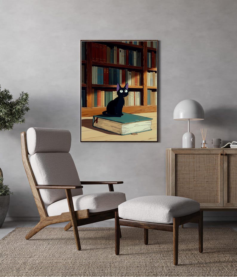 May include: A framed art print depicts a black cat with large white eyes sitting on a large book. The background shows a library with bookshelves. The print hangs above a mid-century modern chair and ottoman set.