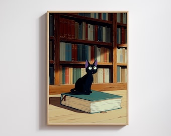 Jiji Library Book Poster – Ghibli Inspired Black Cat Bookshelf Art, Cozy Wall Decor