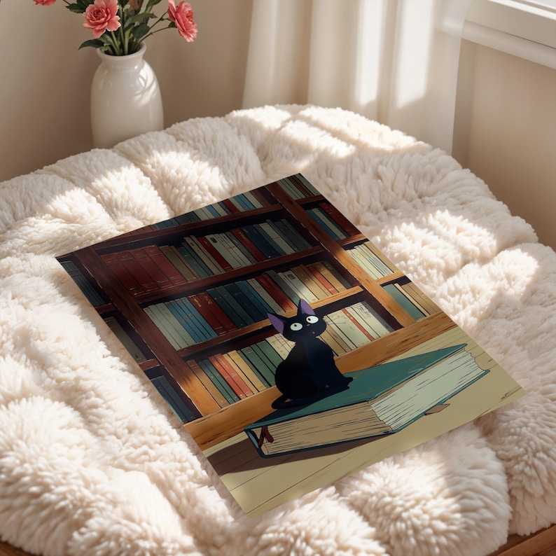 May include: A rectangular print featuring a black cat sitting on a large book in front of a bookshelf. The cat has large eyes and pointed ears. The bookshelf is filled with colorful books. The print is on a fluffy, white surface.