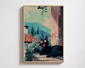 Jiji Lazy Summer Print – Ghibli Inspired Black Cat Rooftop Art, Anime Digital Download