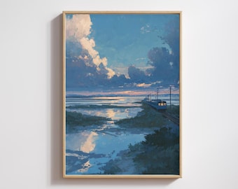 May include: A framed landscape art print featuring a serene coastal scene. The artwork depicts a train traveling along a track beside a body of water under a cloudy sky. The color palette includes blues, greens, and whites.