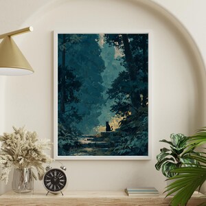 May include: A framed art print showing a forest scene in blue and green hues. A black cat silhouette is perched on stone steps, bathed in soft light. The artwork is displayed on a wooden shelf with a clock and a vase of dried flowers.