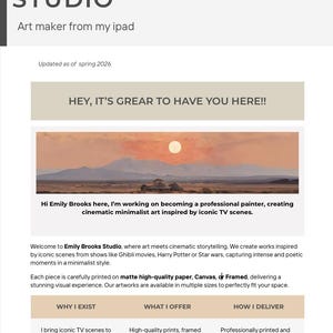 May include: An advertisement for Emily Brooks Studio, an art studio. The text includes "Art maker from my ipad" and "cinematic minimalist art inspired by iconic TV scenes." The image features a landscape painting.