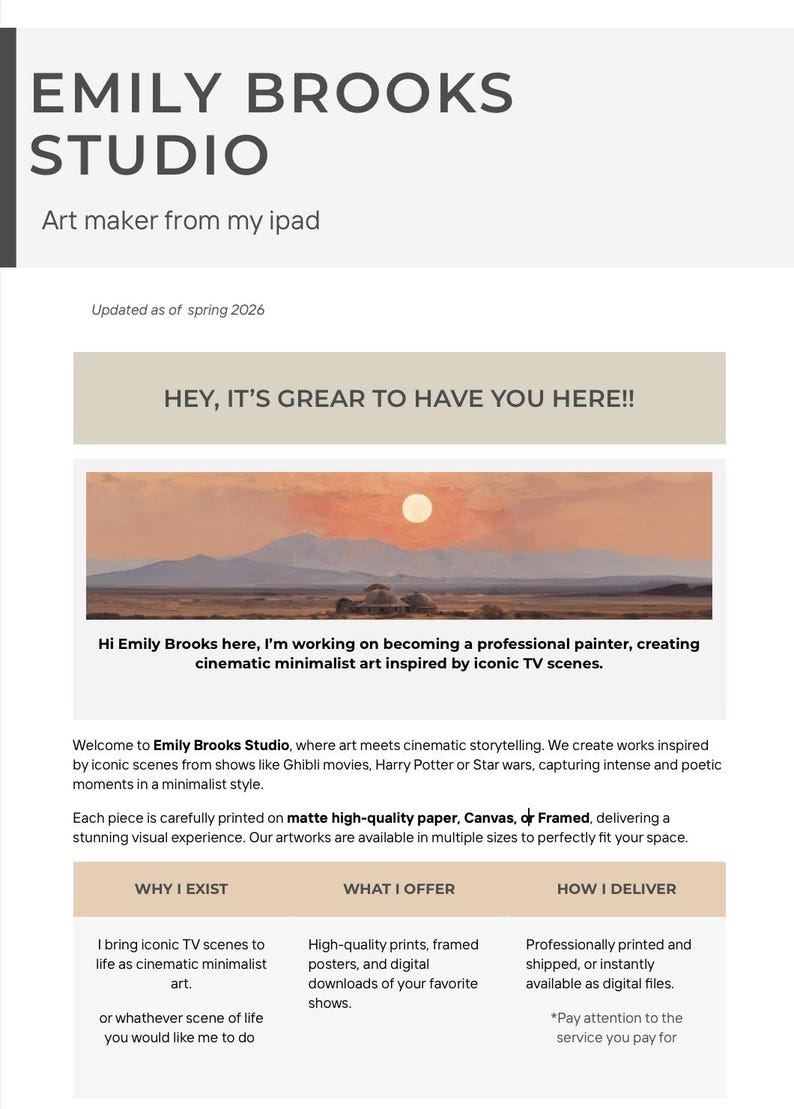 May include: An advertisement for Emily Brooks Studio, an art studio. The text includes "Art maker from my ipad" and "cinematic minimalist art inspired by iconic TV scenes." The image features a landscape painting.