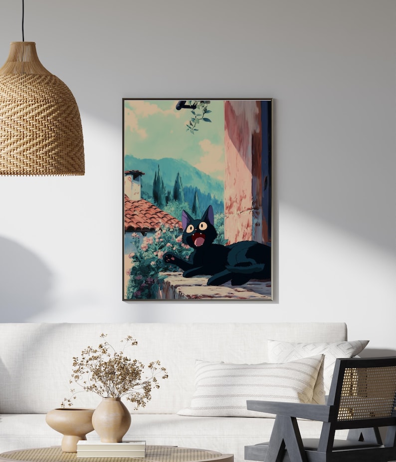 Jiji Lazy Summer Poster – Ghibli Inspired Black Cat Rooftop Art, Anime Wall Decor image 5
