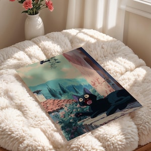 Jiji Lazy Summer Poster – Ghibli Inspired Black Cat Rooftop Art, Anime Wall Decor image 2