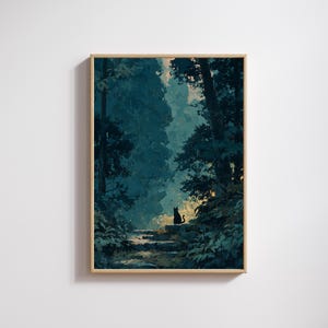 May include: A framed art print of a forest scene. The artwork shows a pathway leading into a dark green forest, with a black cat silhouette on a stone step. The print is in a light brown wooden frame. The forest is a deep teal colour.