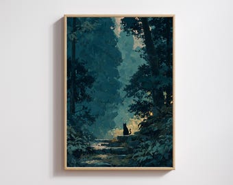 Jiji Enchanted Forest Poster – Ghibli Inspired Black Cat Night Art, Lofi Wall Decor