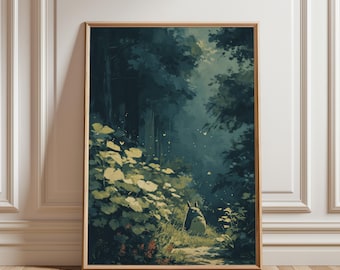 May include: A rectangular framed wall art print featuring a dark, moody forest scene with deep green foliage, tall trees, and a small, round, grey creature sitting on a path. The artwork includes soft light highlights and tiny white flying specks.