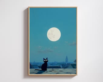 Jiji Full Moon Rooftop Print – Ghibli Inspired Black Cat Night Sky, Anime Digital Download