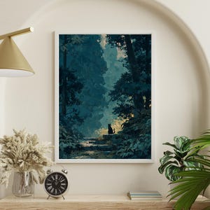 May include: A framed art print depicts a serene forest scene in shades of blue and green. A black cat silhouette sits on stone steps, illuminated by a soft light. The artwork is displayed on a wooden shelf with a clock and decorative vase.