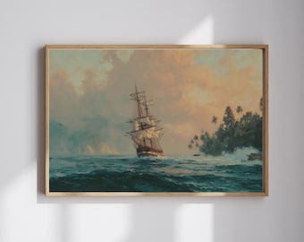 Pirate Ship Caribbean Poster – Oil Painting Style Tall Ship Sea Art, Nautical Wall Decor