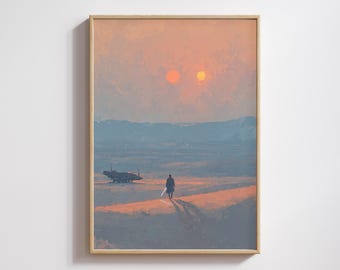Jedi Desert Twin Suns Print – Star Wars Inspired Oil Painting Style, Sci-Fi Digital Download