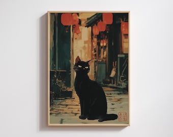 Ghibli Inspired Black Cat Poster – Red Lantern Alley Japan Street Art, Lofi Wall Decor