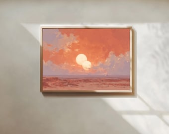 Twin Suns Crimson Sky – Sci-Fi Illustration Style Poster | Alien Desert Landscape Digital Art