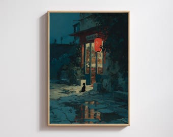 Jiji Rainy Night Poster – Ghibli Inspired Black Cat Street Art, Lofi Wall Decor