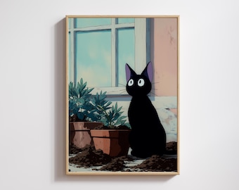 Jiji Guilty Face Print – Ghibli Inspired Black Cat Windowsill Art, Anime Digital Download
