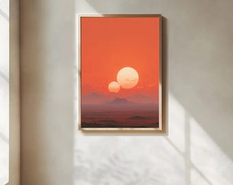 Twin Suns Red Planet – Sci-Fi Minimalist Poster | Cinematic Desert Landscape Digital Art