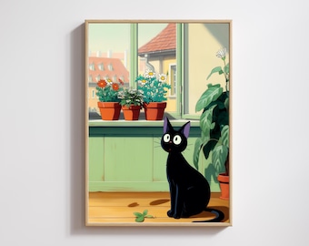 Jiji Sunny Kitchen Print – Ghibli Inspired Black Cat Flower Window Art, Cozy Digital Download