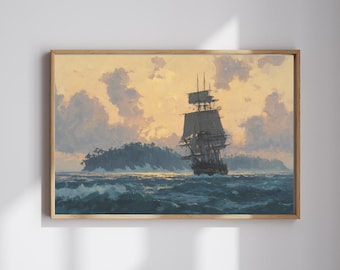 Pirate Ship Tropical Island Print – Oil Painting Style Tall Ship, Nautical Digital Download