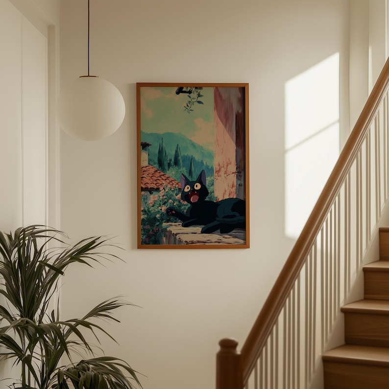 Jiji Lazy Summer Poster – Ghibli Inspired Black Cat Rooftop Art, Anime Wall Decor image 3