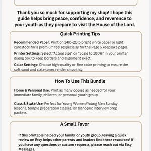 May include: A white informational document with black text titled Thank You For Your Order. It includes sections for Quick Printing Tips, How To Use This Bundle, and A Small Favor, providing instructions on paper weight, printer settings, and usage.