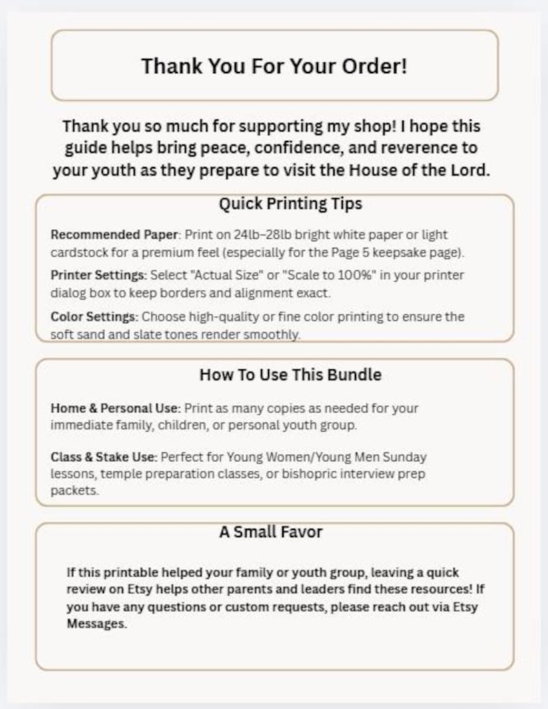 May include: A white informational document with black text titled Thank You For Your Order. It includes sections for Quick Printing Tips, How To Use This Bundle, and A Small Favor, providing instructions on paper weight, printer settings, and usage.