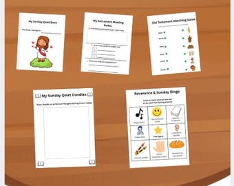 May include: A Sacrament Bundle set of five white activity sheets featuring black text and illustrations. Titles include My Sunday Quiet Book, My Sacrament Meeting Notes, Old Testament Matching Game, My Sunday Quiet Doodles, and Reverence & Sunday Bingo.