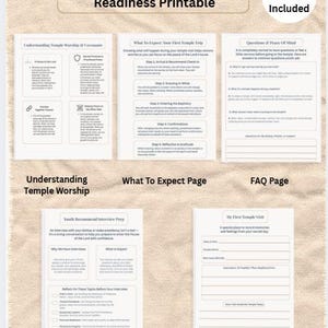 May include: A 5-page LDS Youth Interview and Temple Readiness printable bundle featuring five white sheets with black text. The pages include Understanding Temple Worship, What To Expect, FAQ, Youth Interview Prep, and My First Temple Visit.