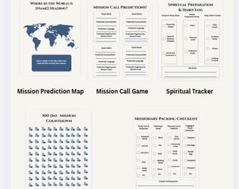 May include: The Mission Ready Bundle includes five printed sheets: a world map for mission predictions, a guest prediction game, a spiritual preparation and habit log, a 100-day countdown chart with small icons, and a missionary packing checklist.