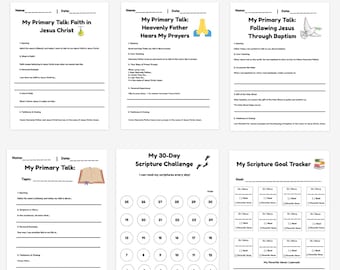 May include: A bundle of six printable pages titled LDS Primary Talk & Scripture Tracker Bundle. The sheets include templates for primary talks on faith, prayer, and baptism, a 30-day scripture challenge with numbered circles, and a goal tracker.