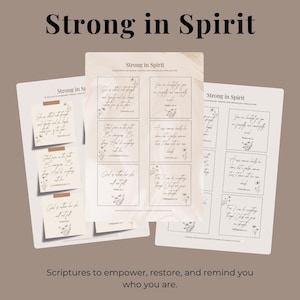 Op de afbeelding: Drie ontwerpopties voor afdrukbare PDF-kunst met de tekst "Strong in Spirit". De kunst bevat inspirerende bijbelverzen met bloemaccenten. De tekst "Scriptures to empower, restore, and remind you who you are" is ook opgenomen.