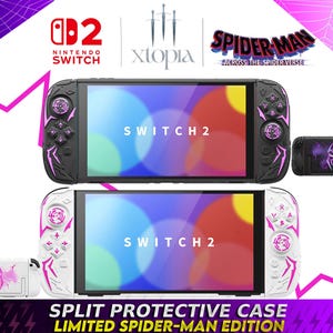 Könnte beinhalten: Schwarz-weiße Nintendo Switch-Konsole mit Spider-Man Across the Spider-Verse-Design. Die Konsole hat rosa Akzente und den Text "SWITCH 2". Enthält eine geteilte Schutzhülle mit dem Text "LIMITED SPIDER-MAN EDITION".