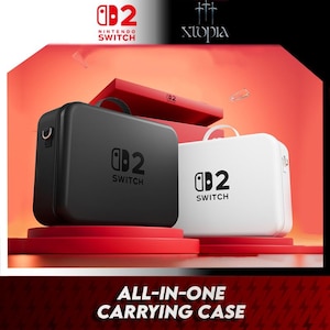 May include: Black and white Nintendo Switch carrying cases with the "Switch" logo. The cases are on a red platform against a red background. The text "ALL-IN-ONE CARRYING CASE" is at the bottom.