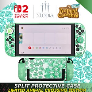 Könnte beinhalten: Eine Nintendo Switch-Konsole und eine geteilte Schutzhülle mit einem grünen und weißen Blättermuster. Die Konsole hat das "Animal Crossing"-Logo und den Text "Limited Animal Crossing Edition". Das Nintendo Switch-Logo ist sichtbar.