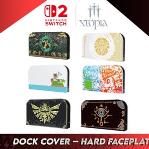 Op de afbeelding: Een verzameling Nintendo Switch dock covers met verschillende ontwerpen. De covers tonen graphics van populaire games, waaronder The Legend of Zelda en Animal Crossing. De tekst "DOCK COVER - HARD FACEPLATE" staat onderaan.