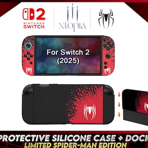 Könnte beinhalten: Eine Schutzhülle aus Silikon und eine Dockingstation für eine Nintendo Switch 2 Konsole mit einem rot-schwarzen Spider-Man-Design und einem weißen Spinnenemblem. Auf dem Bildschirm steht der Text For Switch 2 (2025) und das Branding Xtopia.