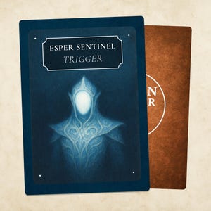 May include: Two playing cards. The front card is dark blue with the text "ESPER SENTINEL TRIGGER" in a white banner. It features a ghostly figure with a glowing white face. The back card is brown with white text.