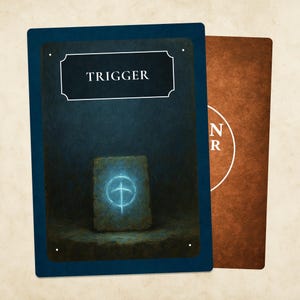 May include: Two playing cards. The front card is dark blue with the word "TRIGGER" in a white frame. Below is a glowing blue stone with a symbol. The back card is brown with white text.