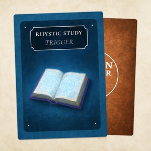 May include: Two playing cards. The front card is blue with the text "RHYSTIC STUDY TRIGGER" above an open book with glowing blue symbols. The back card is brown with the letters "NR" in a white circle.
