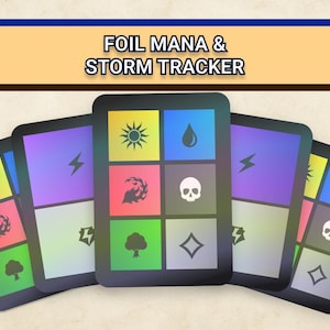 May include: Foil Mana & Storm Tracker cards with colorful icons. Each card has a black border and features symbols like a sun, water drop, skull, and lightning bolt. The text "FOIL MANA & STORM TRACKER" is at the top.