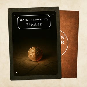 May include: A fantasy-themed card featuring the text "KRARK, THE THUMBLESS TRIGGER" in a white frame. The card displays a coin with a goblin face, set against a dark background. A second card is visible to the right.