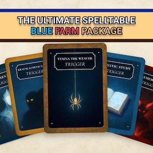 May include: A collection of five fantasy-themed cards with dark blue backgrounds and gold borders. Each card features unique illustrations and the word "TRIGGER". The text "THE ULTIMATE SPELLTABLE BLUE FARM PACKAGE" is at the top.