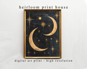 Moody Printable Crescent Moon Art - Vintage Celestial Wall Decor, Dark Boho Painting, Starry Night Scene, Digital Download 401