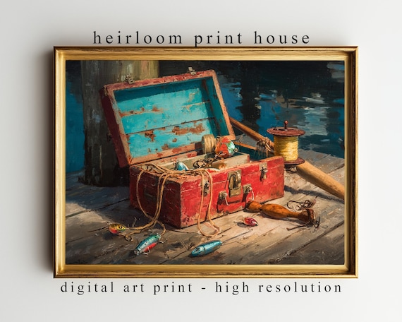 artwork using fishing lures and bobbers Rustic Vintage Tackle Box Painting - Realistic Coastal Still-life, Fishing  Lures and Bobbers, Sunlit Dock Art, Printable Art Download 22